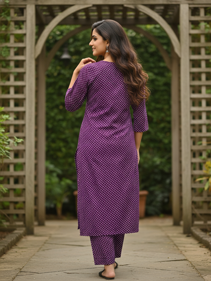 Purple Leheriya Printed Straight Kurta with Palazzo