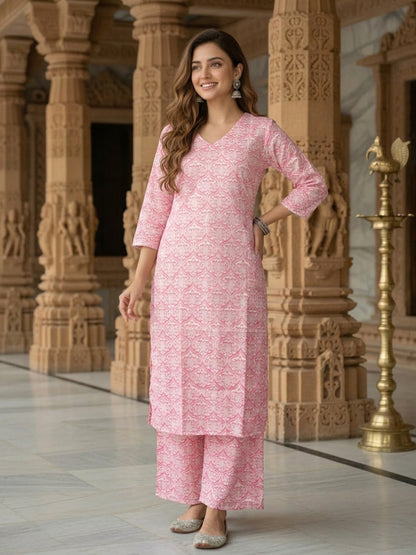 Floral Jacquard Woven Straight Kurta with Palazzo - Pink