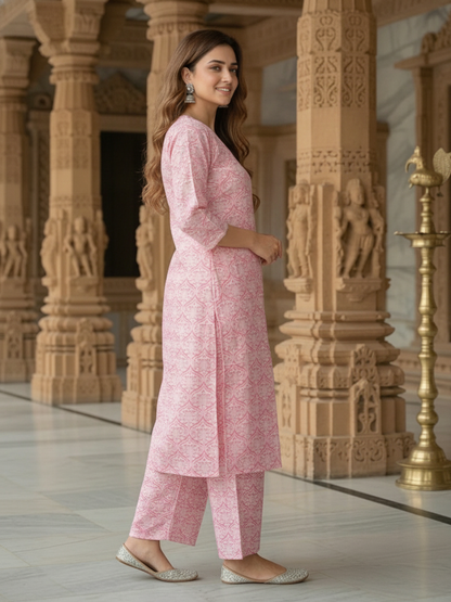 Floral Jacquard Woven Straight Kurta with Palazzo - Pink