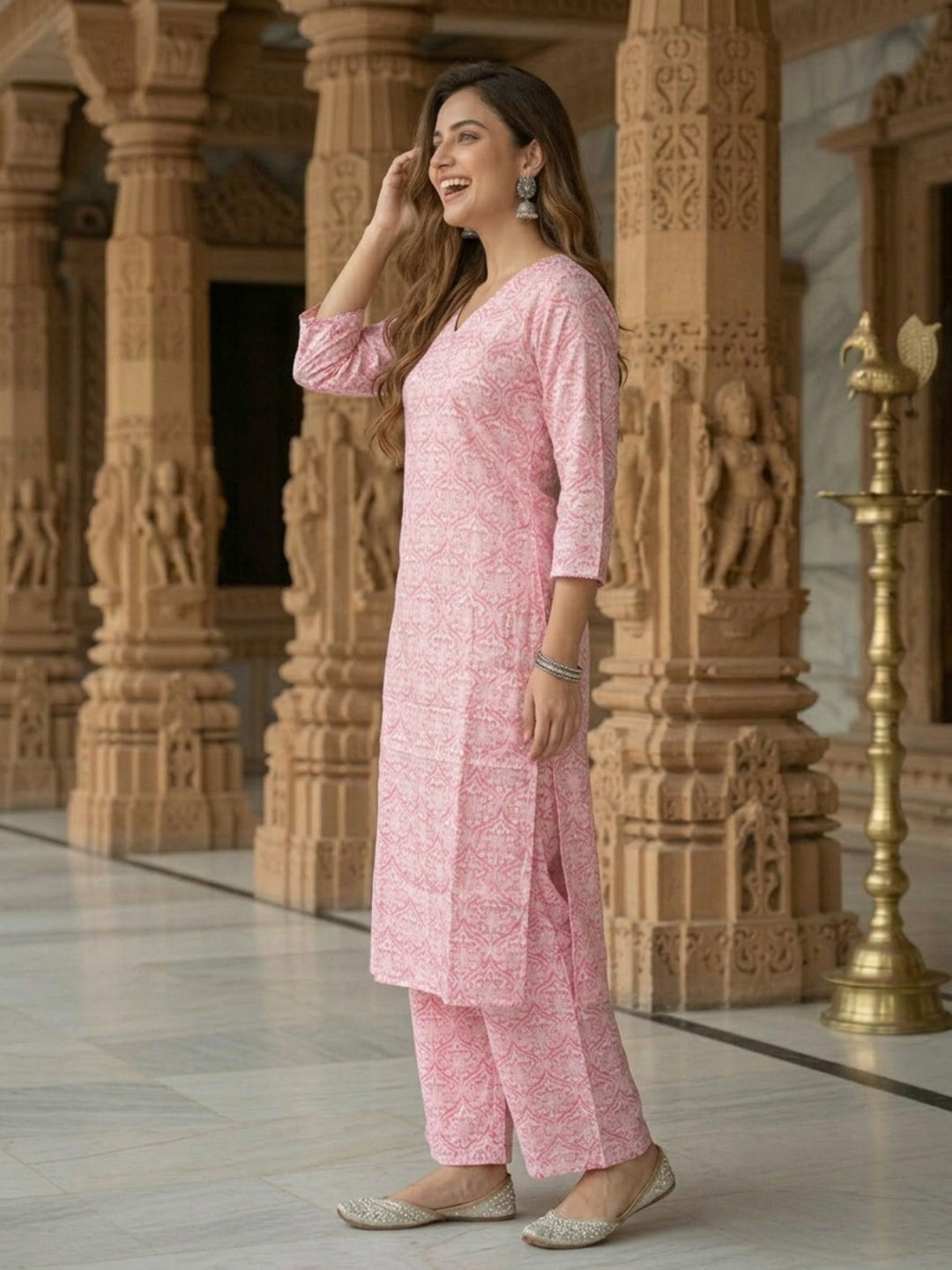 Floral Jacquard Woven Straight Kurta with Palazzo - Pink