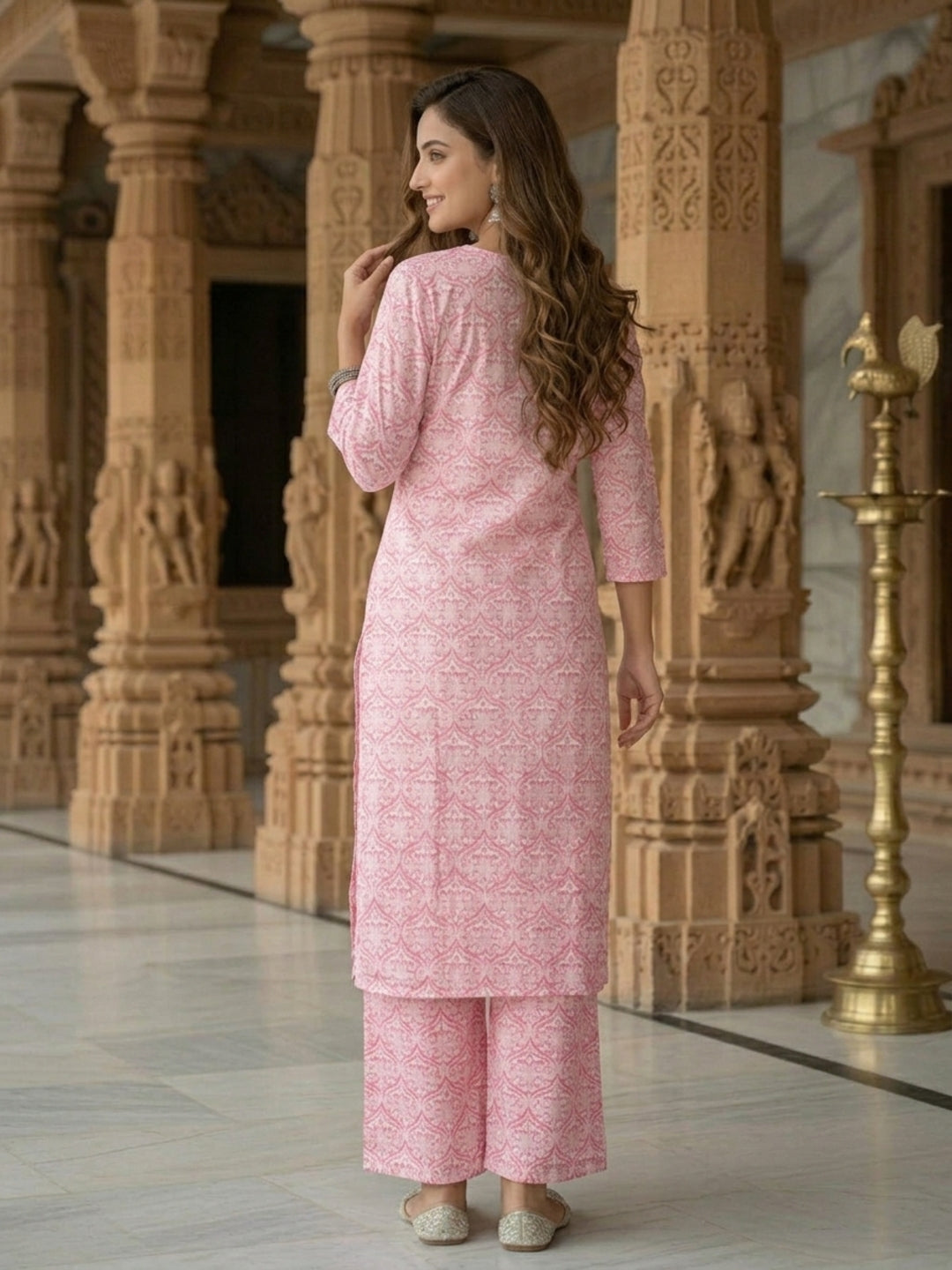 Floral Jacquard Woven Straight Kurta with Palazzo - Pink