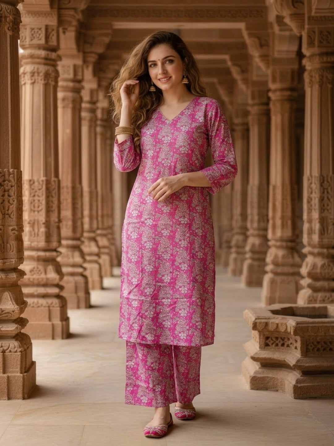 Pastel Pink Floral Jaal Printed Straight Kurta with Palazzo
