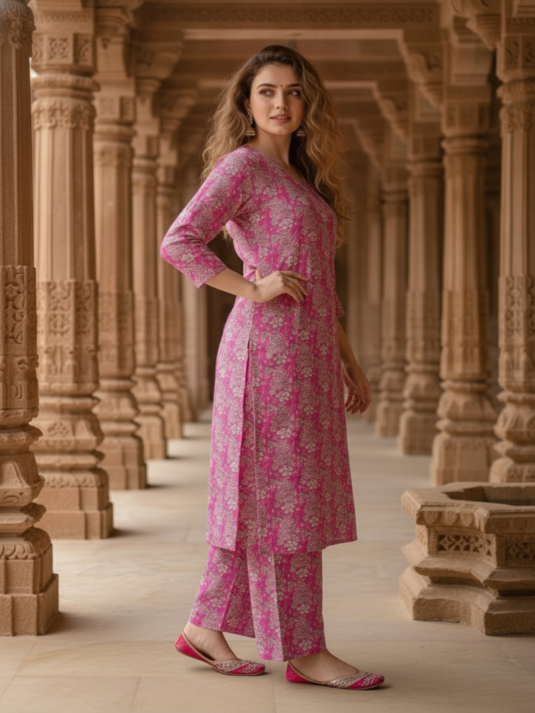 Pastel Pink Floral Jaal Printed Straight Kurta with Palazzo