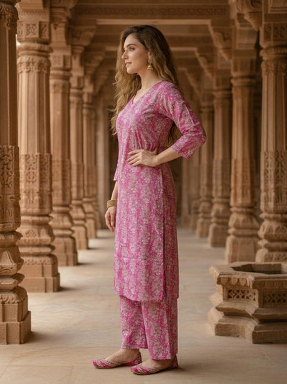 Pastel Pink Floral Jaal Printed Straight Kurta with Palazzo