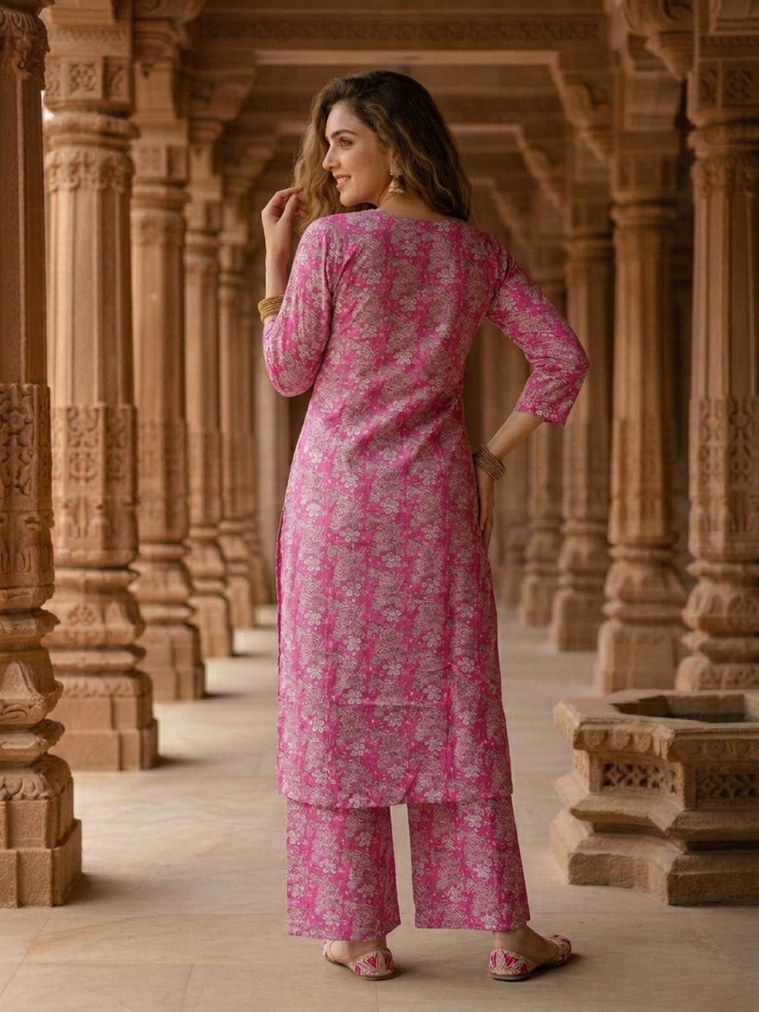 Pastel Pink Floral Jaal Printed Straight Kurta with Palazzo