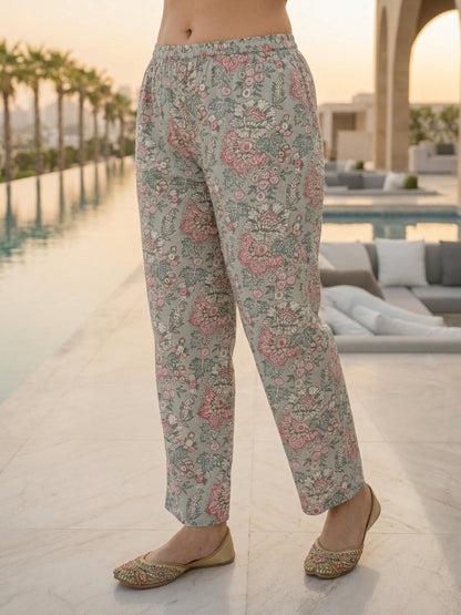 Grey Floral Jaal Printed Straight Kurta with Palazzo