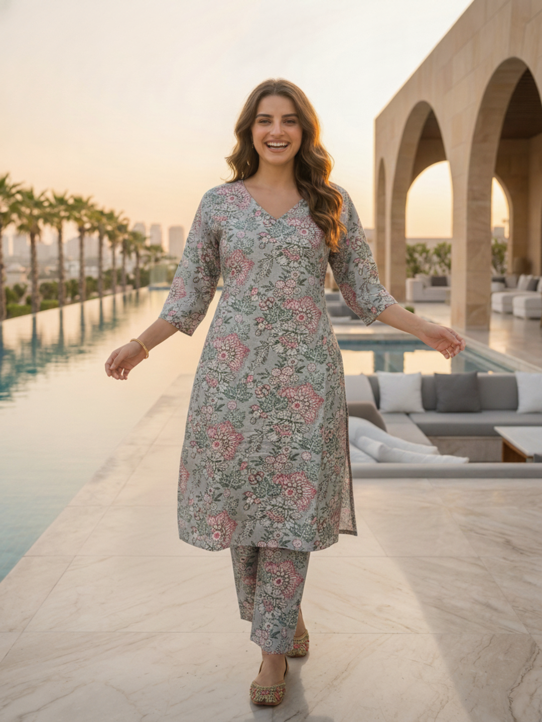 Grey Floral Jaal Printed Straight Kurta with Palazzo