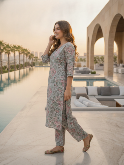 Grey Floral Jaal Printed Straight Kurta with Palazzo