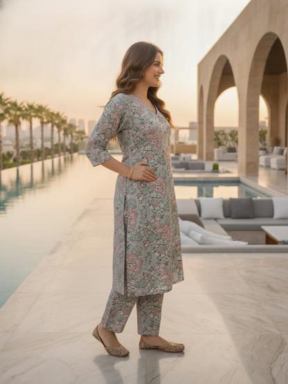 Grey Floral Jaal Printed Straight Kurta with Palazzo