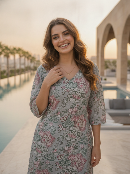 Grey Floral Jaal Printed Straight Kurta with Palazzo