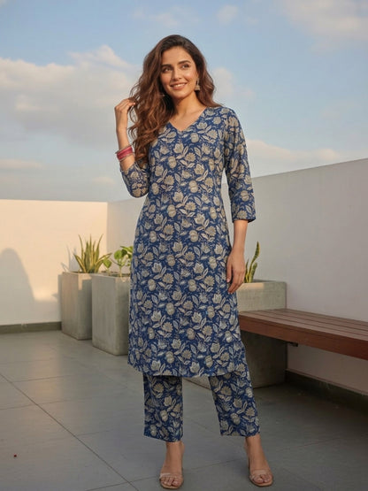 Navy Blue Kalamkari-Inspired Jaal Printed Straight Kurta with Palazzo