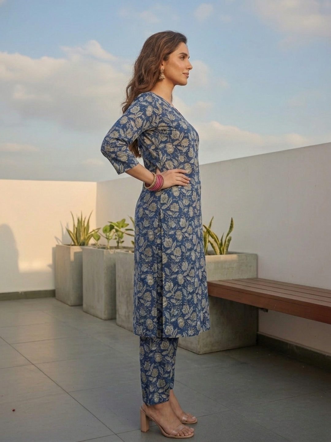 Navy Blue Kalamkari-Inspired Jaal Printed Straight Kurta with Palazzo