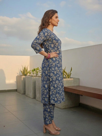 Navy Blue Kalamkari-Inspired Jaal Printed Straight Kurta with Palazzo