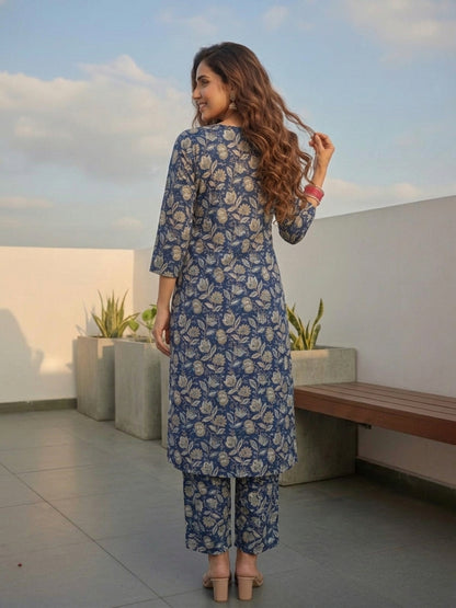 Navy Blue Kalamkari-Inspired Jaal Printed Straight Kurta with Palazzo