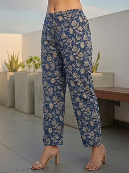 Navy Blue Kalamkari-Inspired Jaal Printed Straight Kurta with Palazzo