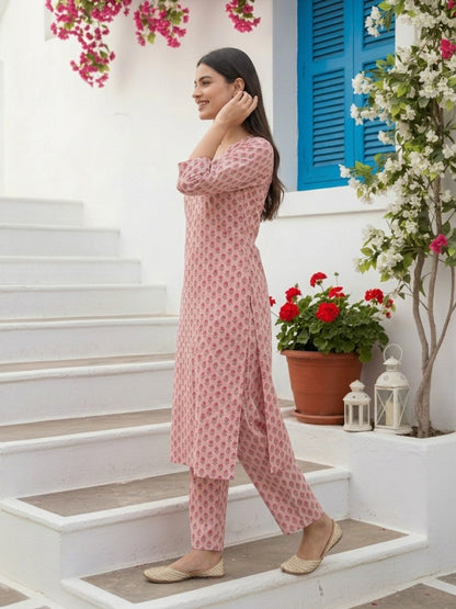 Pastel Pink Boota Printed Straight Kurta with Palazzo