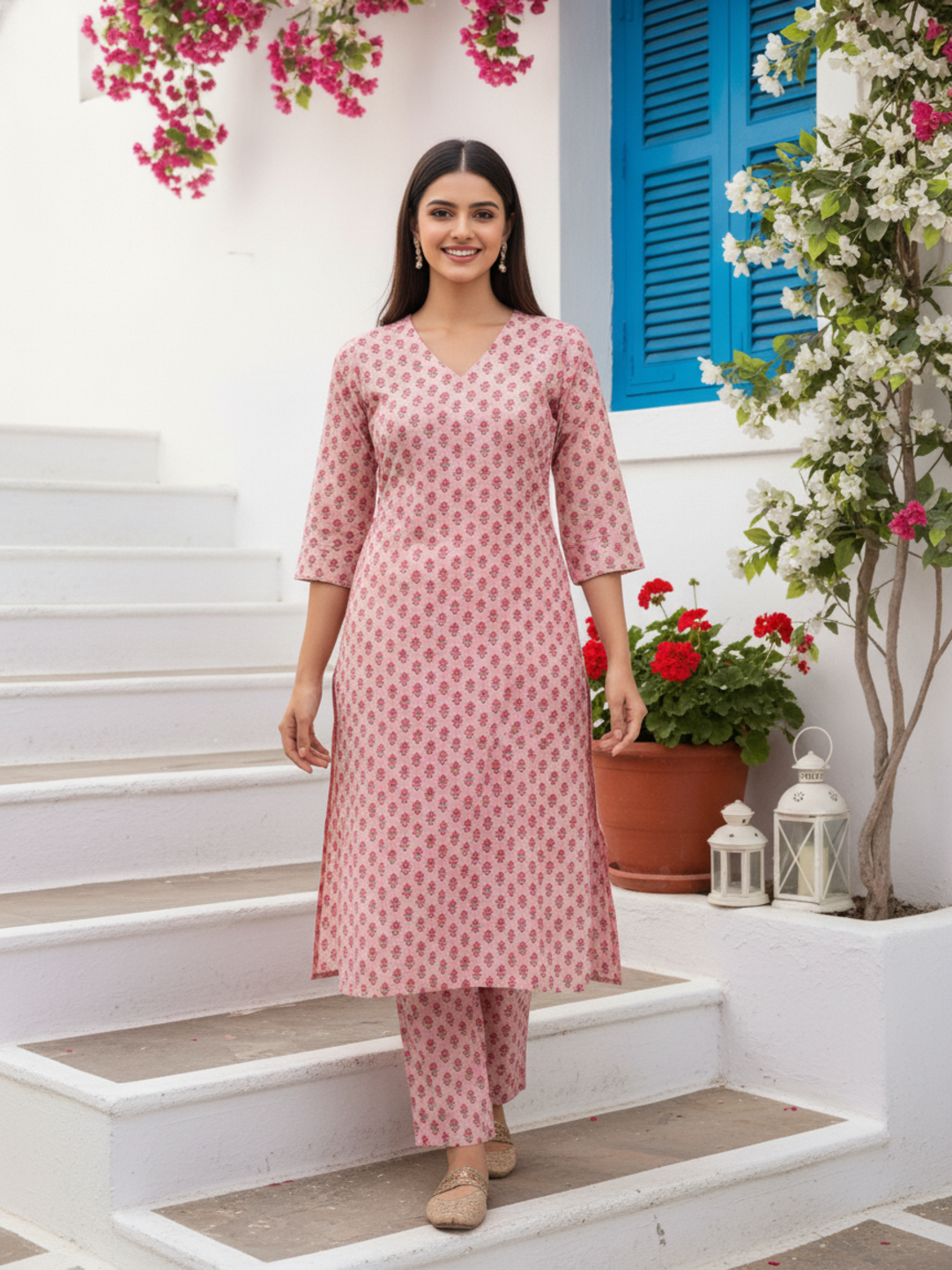 Pastel Pink Boota Printed Straight Kurta with Palazzo