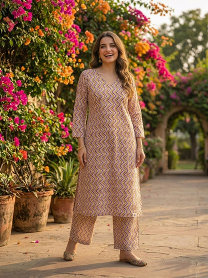 Chevron Print Straight Kurta & Palazzo Set - Multi