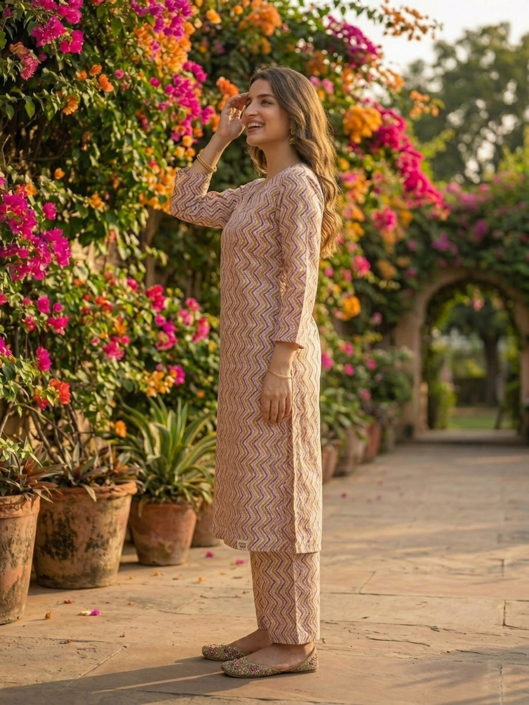 Chevron Print Straight Kurta & Palazzo Set - Multi