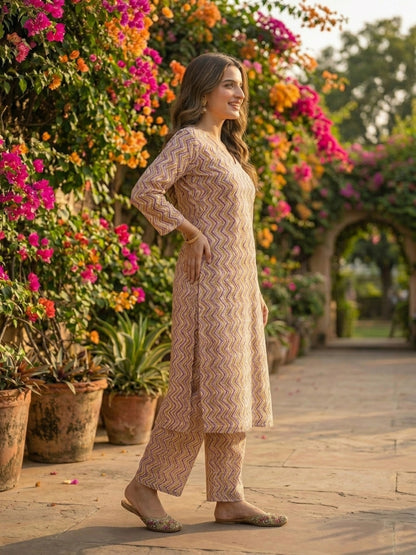 Chevron Print Straight Kurta & Palazzo Set - Multi