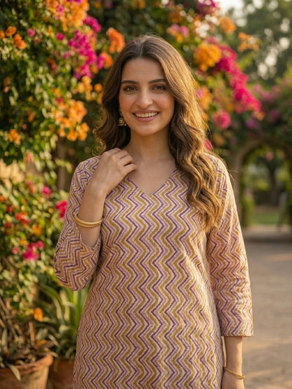 Chevron Print Straight Kurta & Palazzo Set - Multi