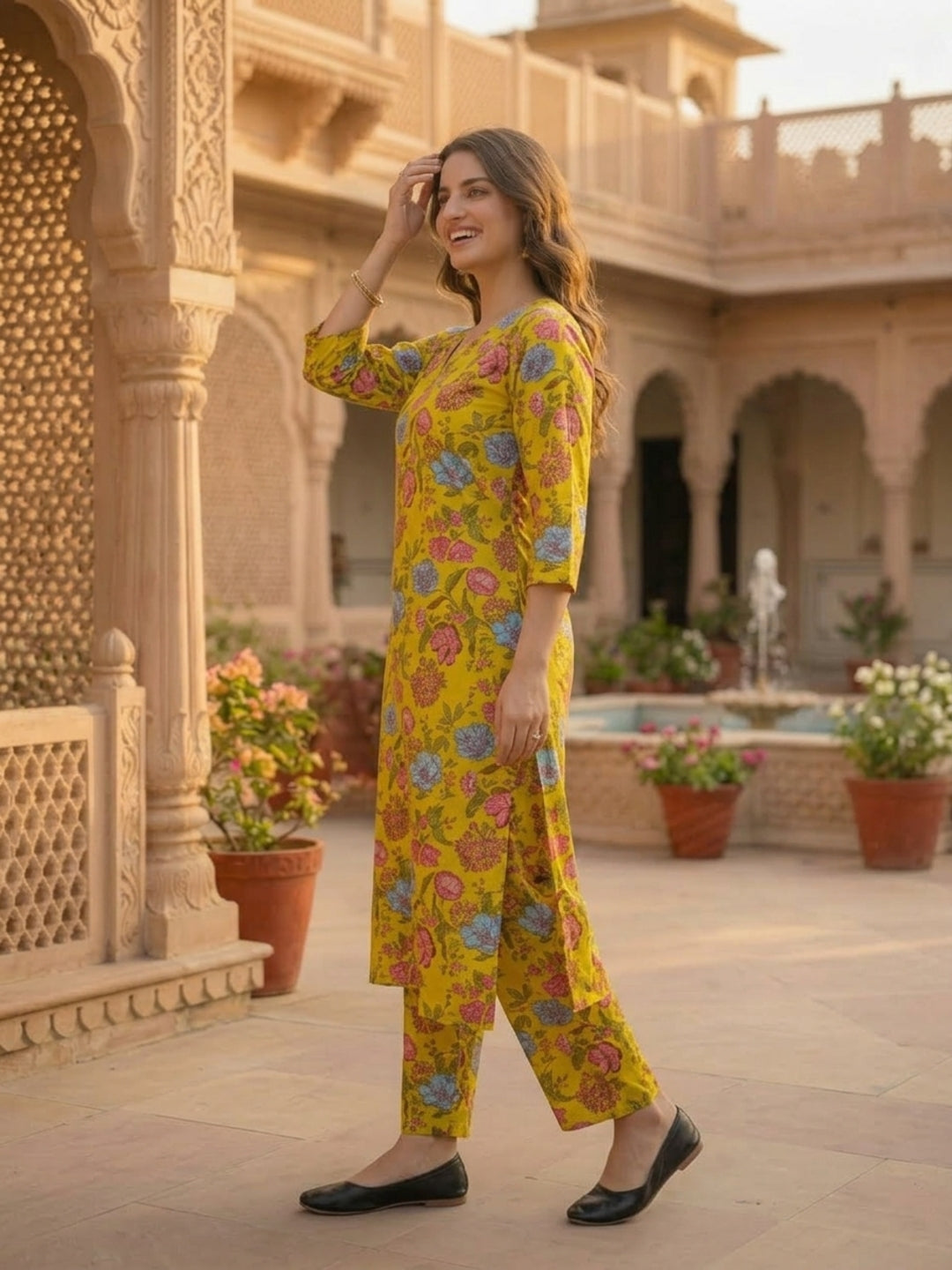 Floral Jaal Print Straight Kurta with Palazzo - Mustard