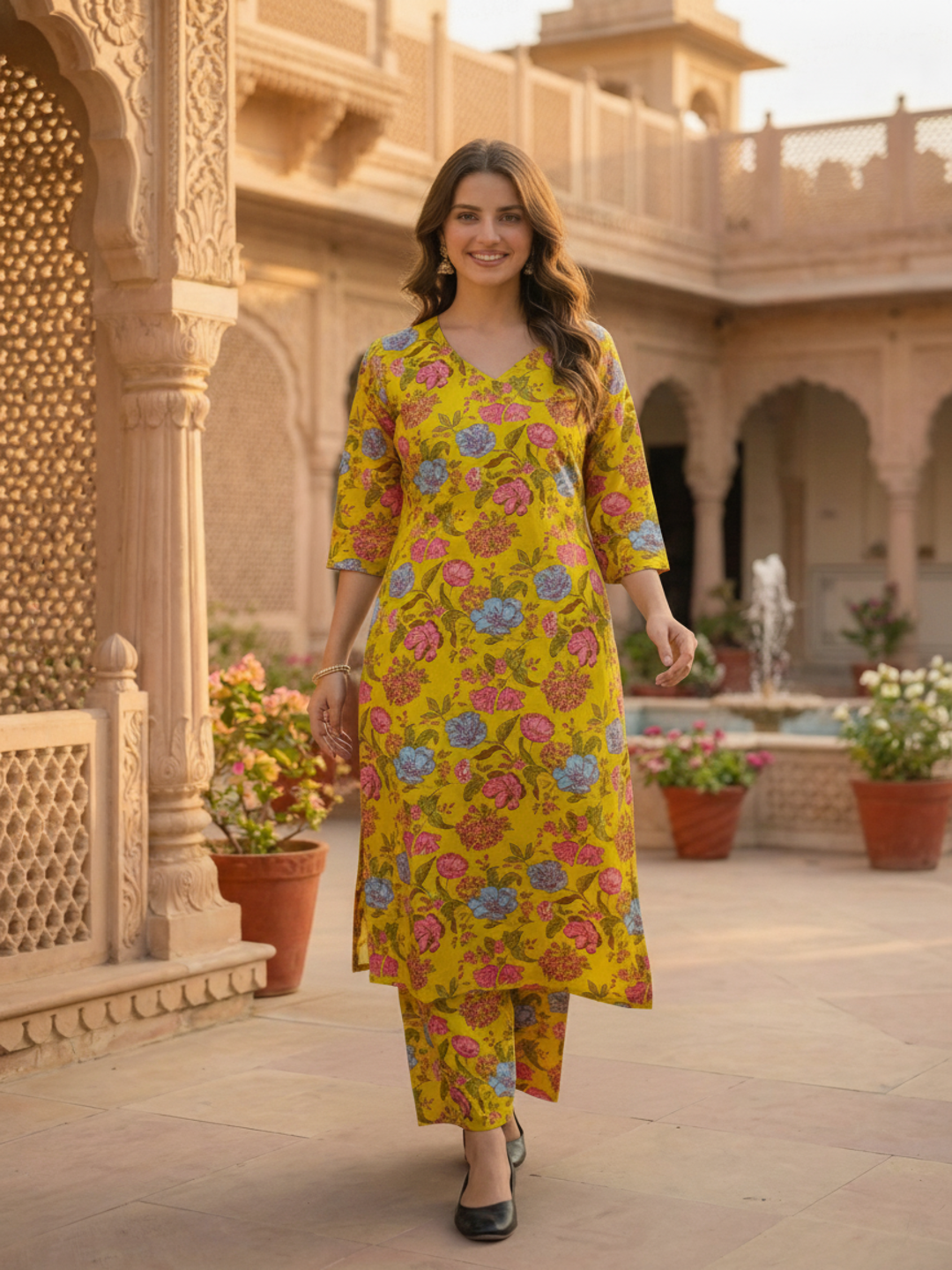 Floral Jaal Print Straight Kurta with Palazzo - Mustard