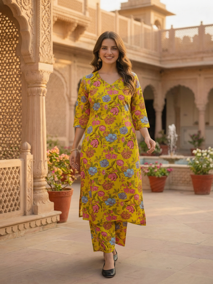 Floral Jaal Print Straight Kurta with Palazzo - Mustard