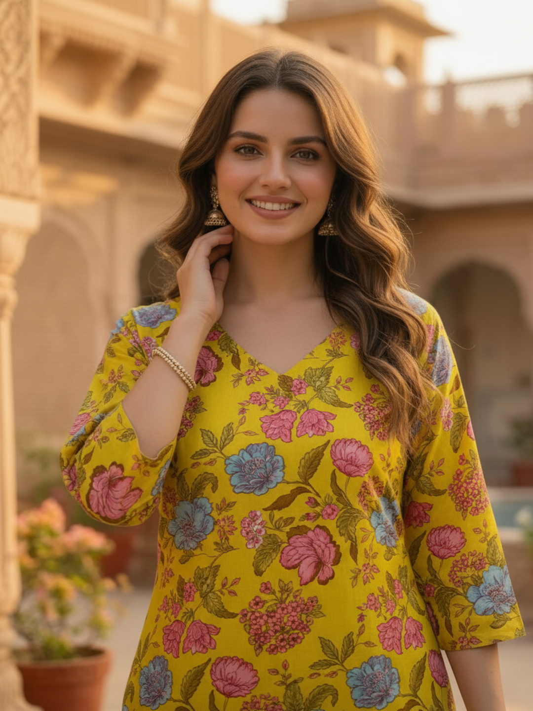 Floral Jaal Print Straight Kurta with Palazzo - Mustard