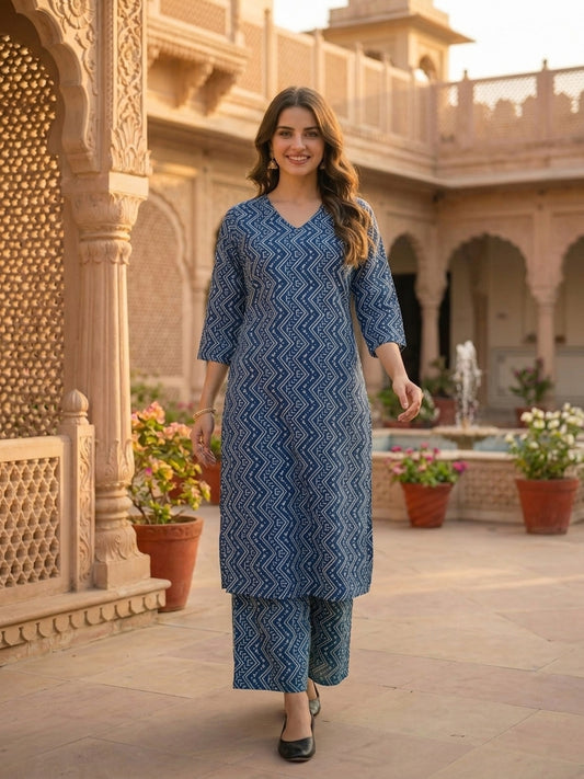 Navy Blue Chevron Printed Straight Kurta with Palazzo