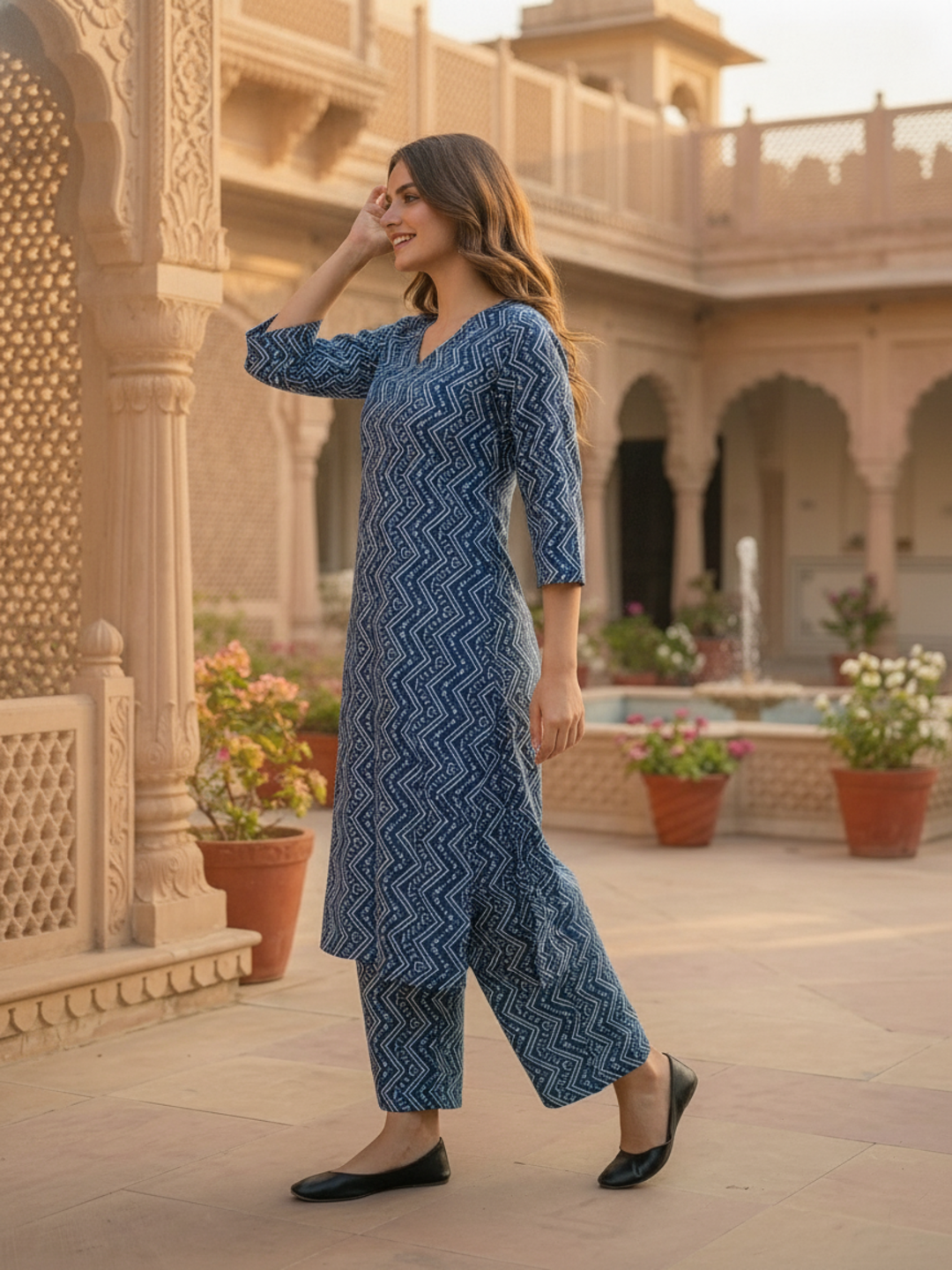 Navy Blue Chevron Printed Straight Kurta with Palazzo