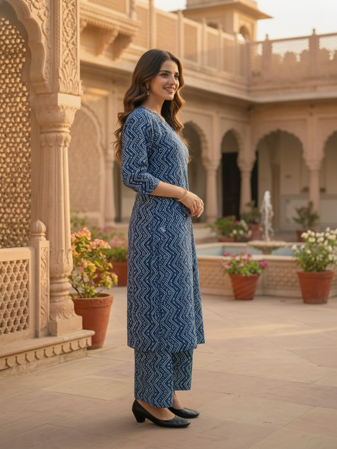 Navy Blue Chevron Printed Straight Kurta with Palazzo