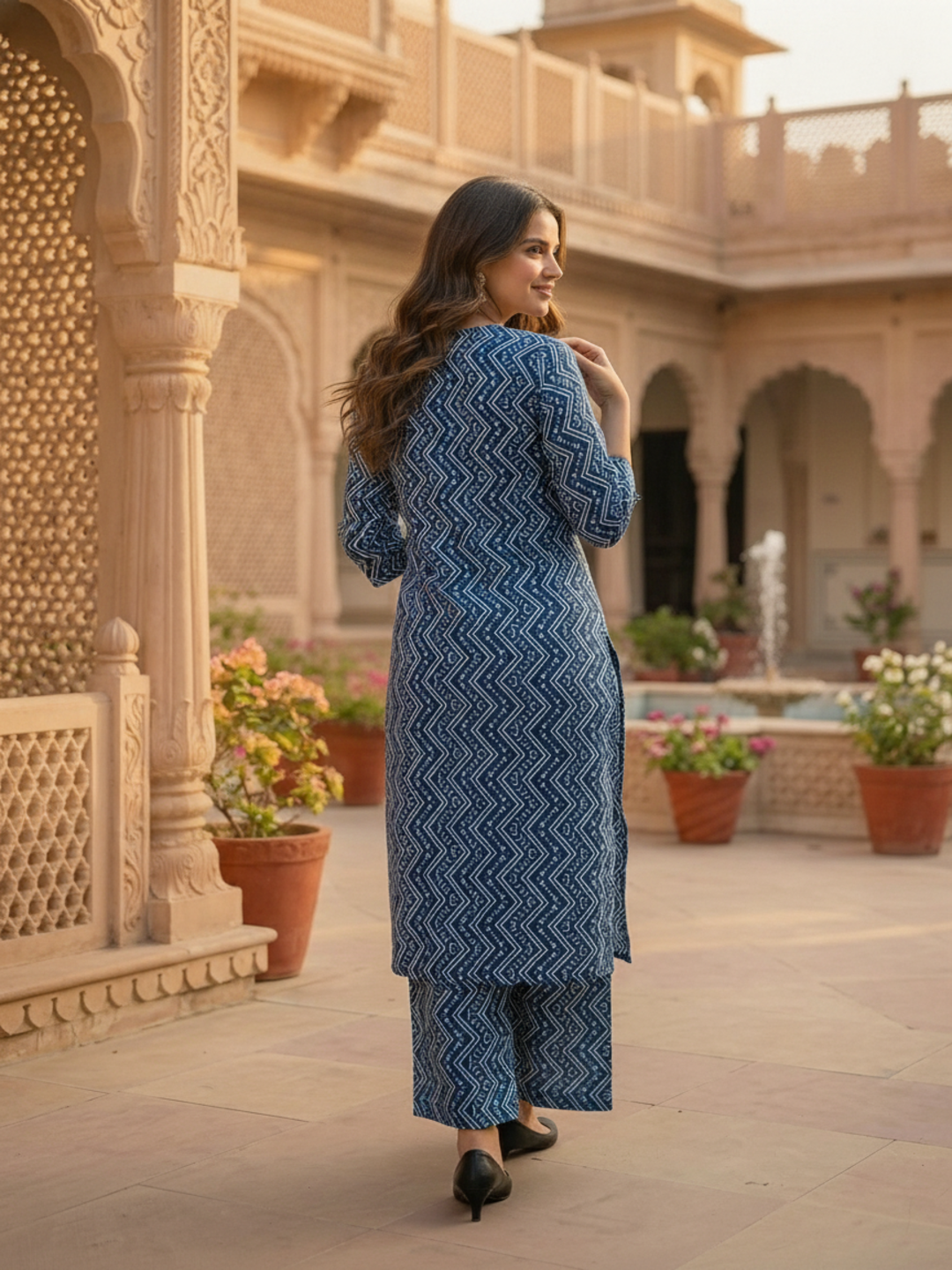 Navy Blue Chevron Printed Straight Kurta with Palazzo