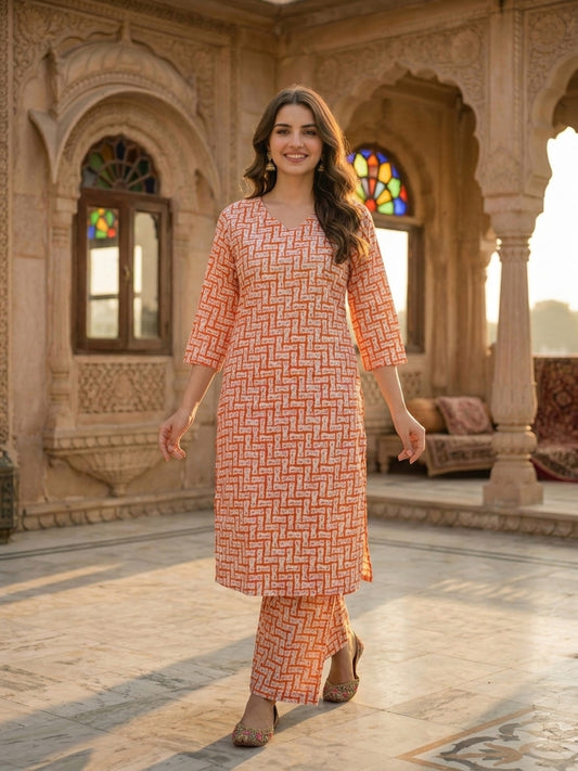 Orange Abstract Printed Straight Kurta with Palazzo