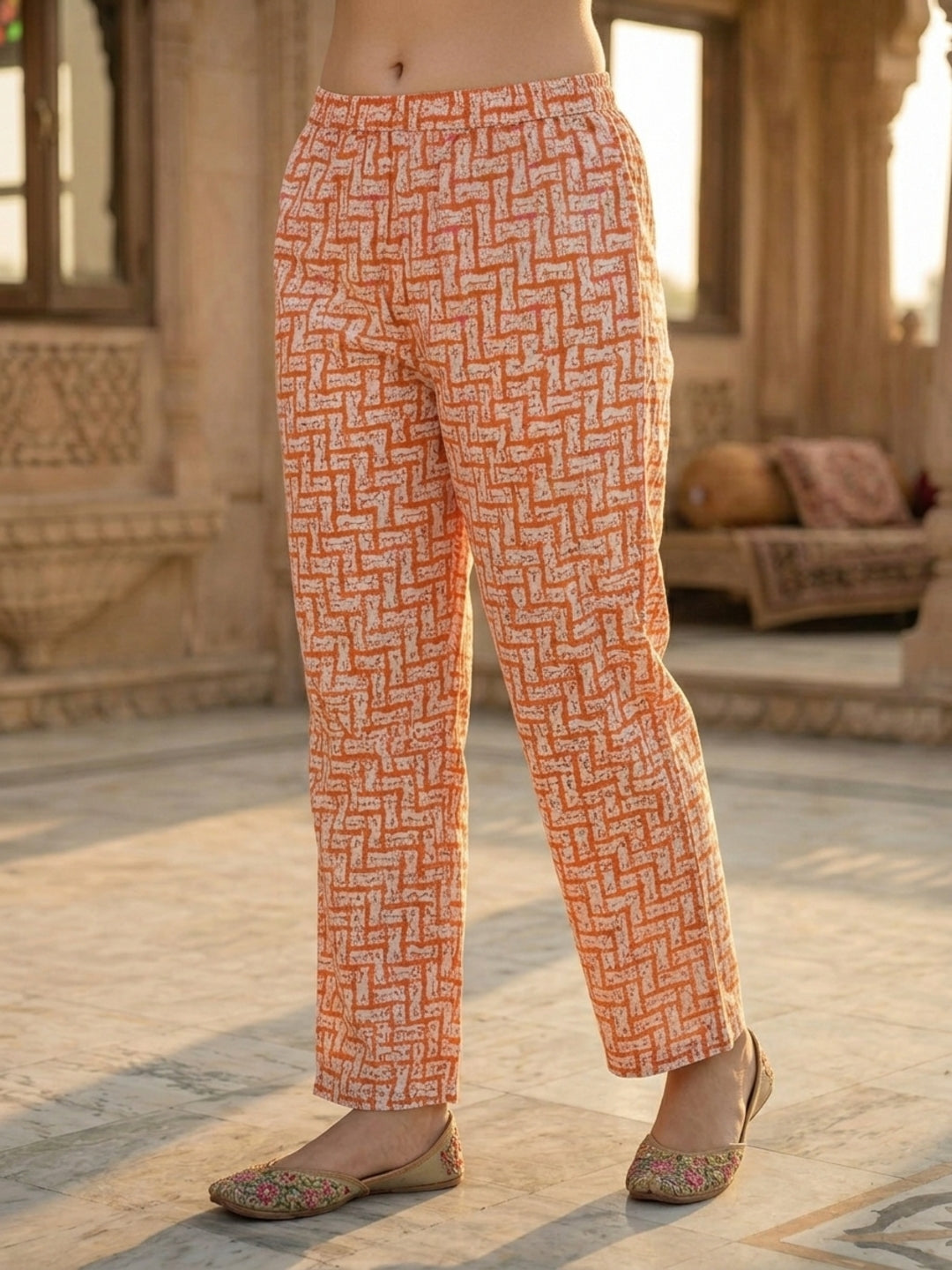 Orange Abstract Printed Straight Kurta with Palazzo