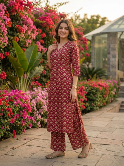Maroon Jharokha Ethnic Printed Straight Kurta with Palazzo