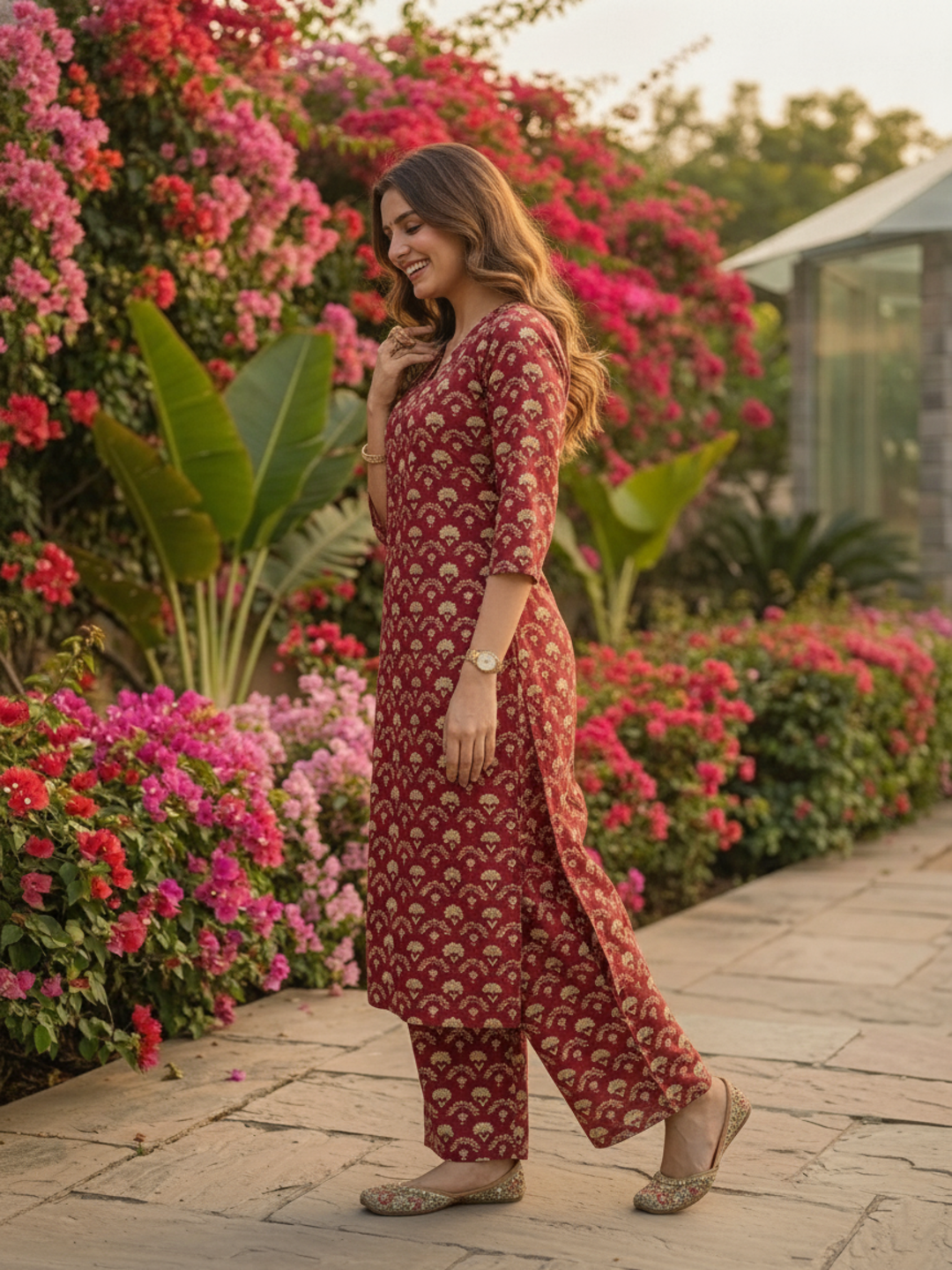 Maroon Jharokha Ethnic Printed Straight Kurta with Palazzo