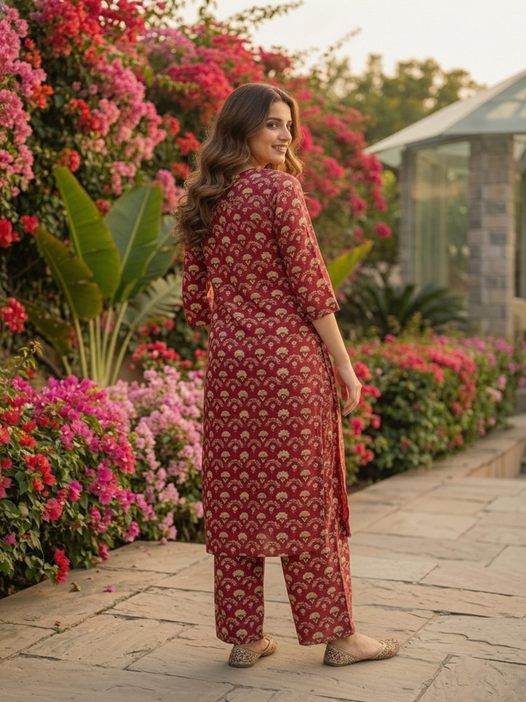 Maroon Jharokha Ethnic Printed Straight Kurta with Palazzo