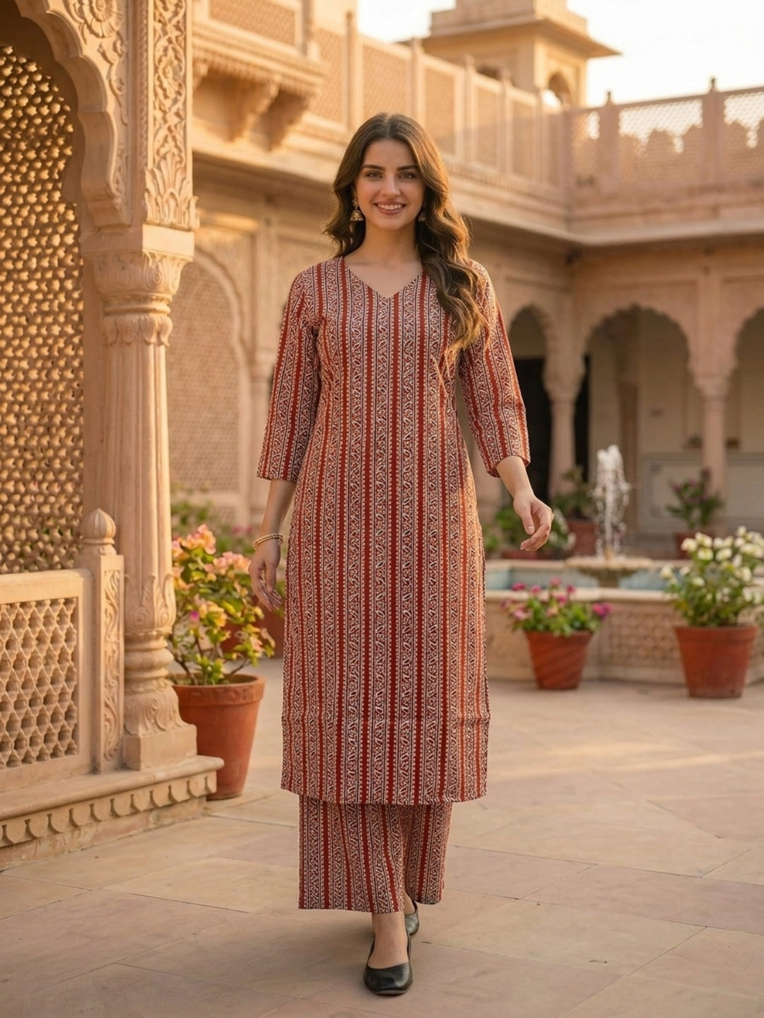 Maroon Ethnic Border Printed Straight Kurta with Palazzo
