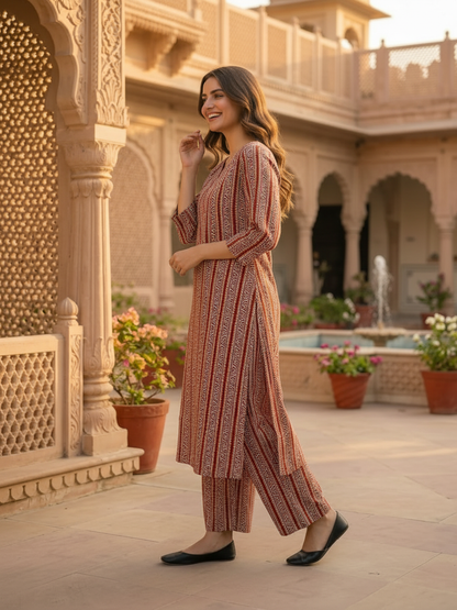 Maroon Ethnic Border Printed Straight Kurta with Palazzo
