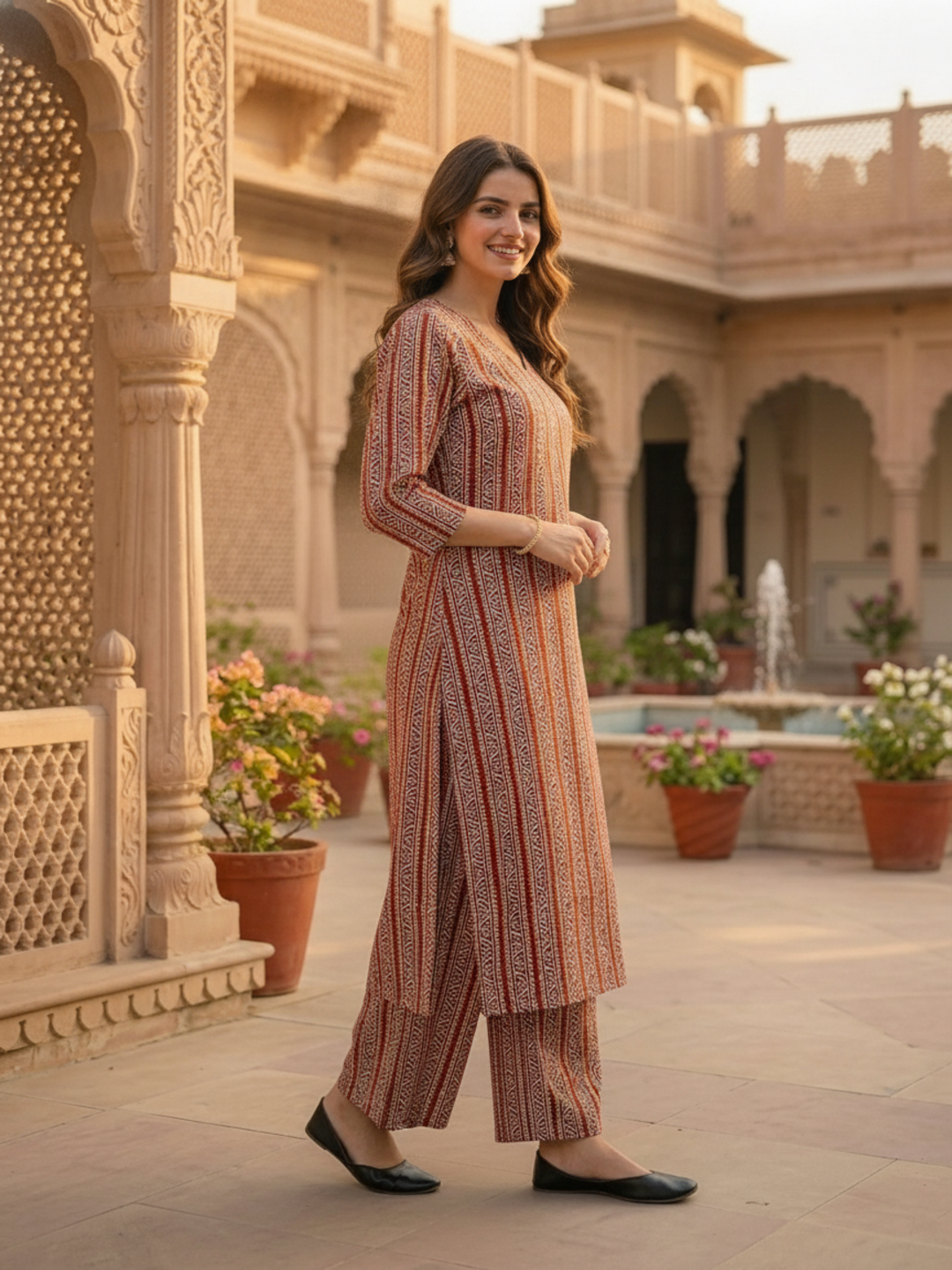 Maroon Ethnic Border Printed Straight Kurta with Palazzo