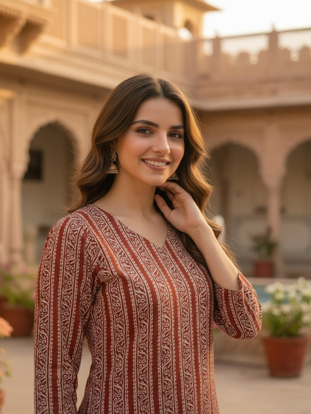 Maroon Ethnic Border Printed Straight Kurta with Palazzo