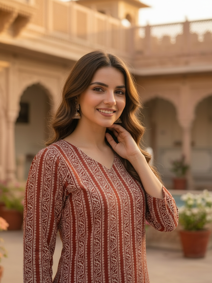 Maroon Ethnic Border Printed Straight Kurta with Palazzo