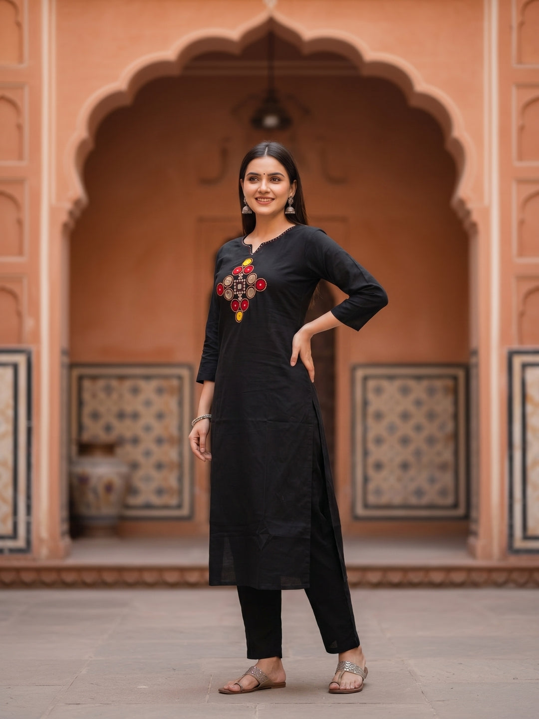 Black Rabari-Inspired Embroidered Straight Kurta with Pyjama & Geometric Printed Dupatta