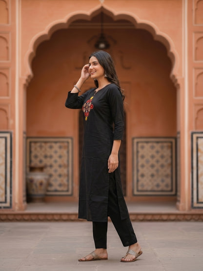 Black Rabari-Inspired Embroidered Straight Kurta with Pyjama & Geometric Printed Dupatta
