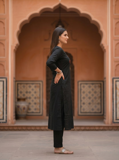 Black Rabari-Inspired Embroidered Straight Kurta with Pyjama & Geometric Printed Dupatta