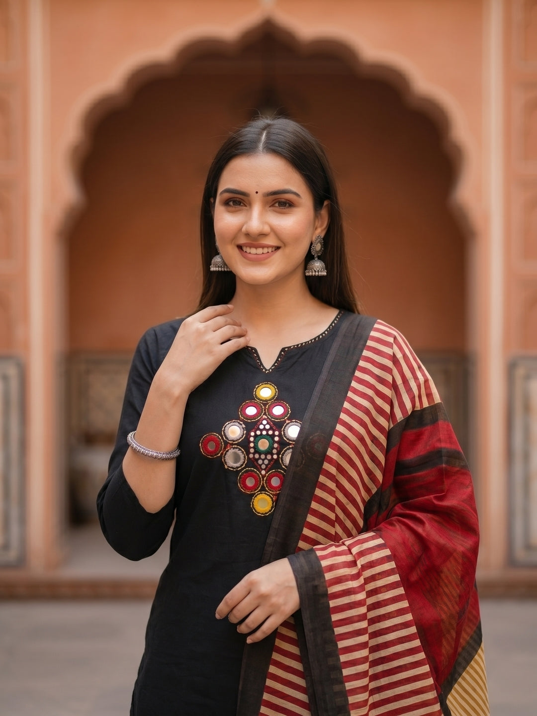 Black Rabari-Inspired Embroidered Straight Kurta with Pyjama & Geometric Printed Dupatta