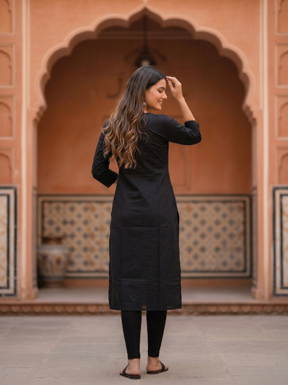 Black Rabari-Inspired Embroidered Straight Kurta with Pyjama & Geometric Printed Dupatta
