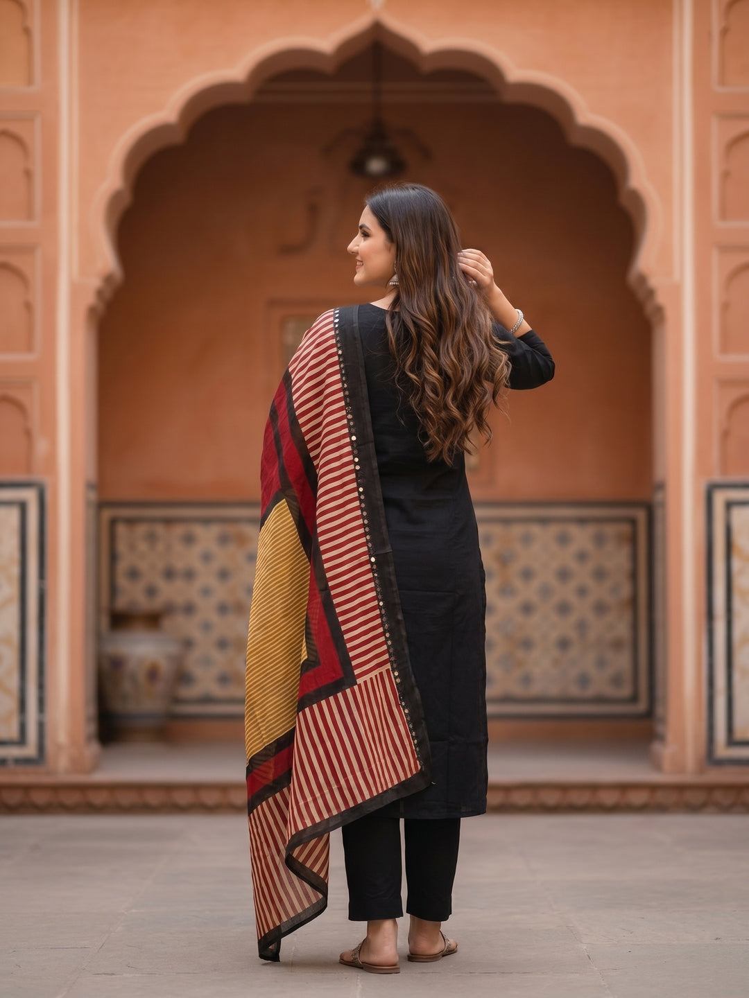 Black Rabari-Inspired Embroidered Straight Kurta with Pyjama & Geometric Printed Dupatta