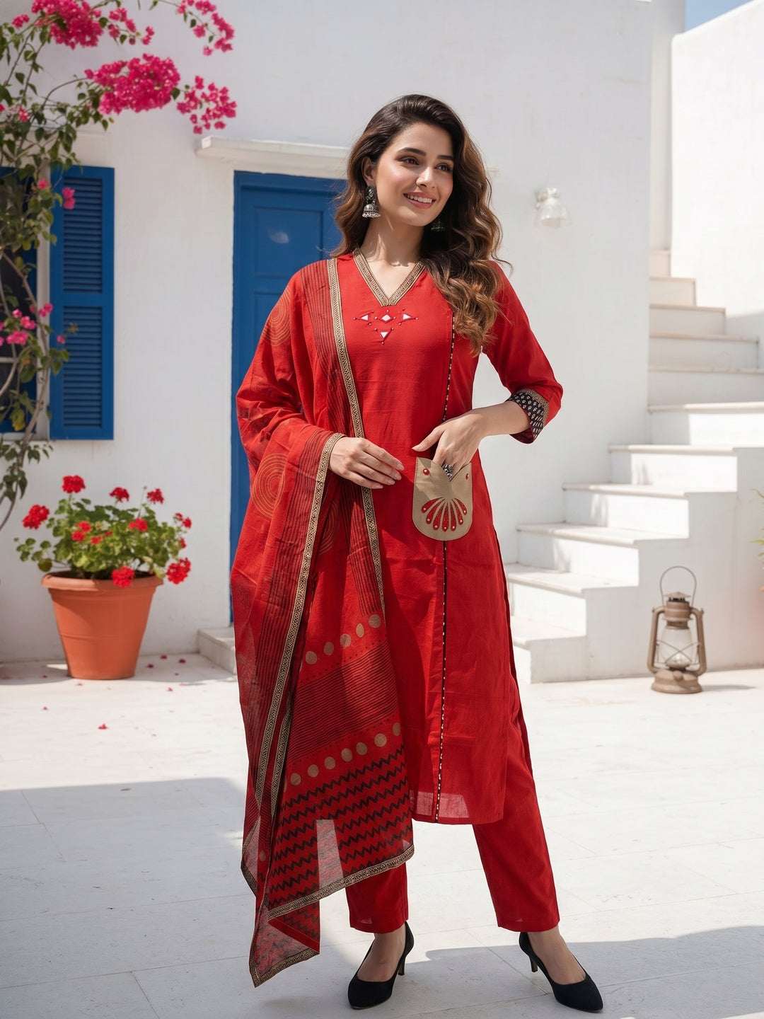 Maroon Solid Mirror Work A-Line Kurta with Pyjama & Printed Dupatta